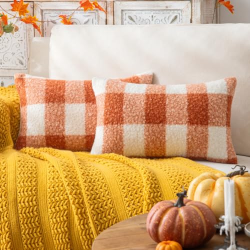 AQOTHES Plaid Fall Throw Pillow Covers Orange Write 12x20 Inch Set of 2 | Boucle Decorative Pillow Covers, Autumn Cozy Fluffy Home Farmhouse Decor, for Living Room Sofa Couch Bed, Holiday Decorations - color: Orange White, size: 20" x 12" (Pack of 2)