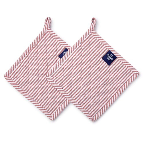 Encasa XO Pot Holders, Quilted Kitchen Hot Pads 8"x8" Ticking Red | 100% Eco-Friendly Cotton | Thick Cotton Padding Insulation | Convenient Hanging Loop | Set of 2 - color: Ticking Red