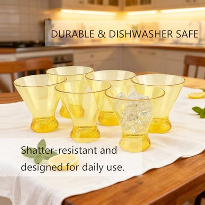 Set of 6 Martini glass 9 oz Stemless Glasses,Heavy Base Stable Cocktail/Drink/Juice/Red Wine Glasses,Fits Ice Cream/Milkshakes,Dishwasher Safe,Ideal Gift for Home Party (Yellow) - color: Yellow