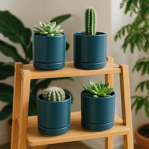 D'vine Dev 4-Pack Ceramic Pots with Saucers, Teal, 4.7 in, 94-X-B-9 | Glazed Ceramic, Drainage Hole and Saucer, Sleek Cylinder Shape, High Temperature Fired, Ideal for Small Houseplants - color: Teal, size: 4.7 Inch