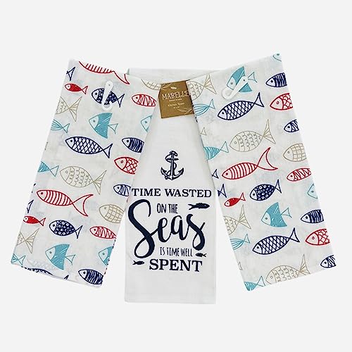 Summer Kitchen Dish Towel Set: Two Colorful School of Fish Design and One Time Wasted, Set of 3 (Fish) - color: Fish Seas