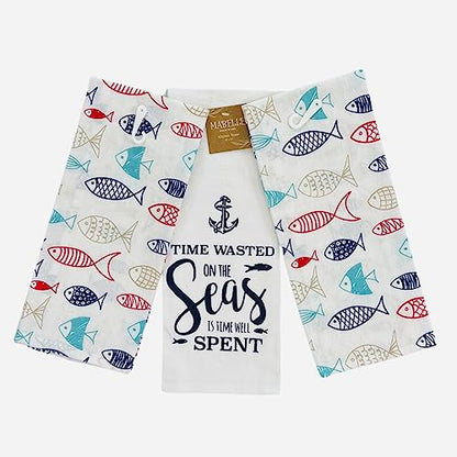 Summer Kitchen Dish Towel Set: Two Colorful School of Fish Design and One Time Wasted, Set of 3 (Fish) - color: Fish Seas