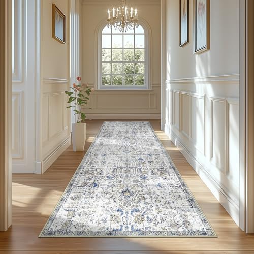jinchan Distressed Vintage Medallion Runner, 3x10 Blue, Washable Non Slip | Distressed Finish, Low Profile, Soft Comfort, Easy Care, Pet Friendly, Hallway Entryway Kitchen Laundry Room Decor - color: Vintage Blue Multi, size: 3' x 10' (Rectangular)