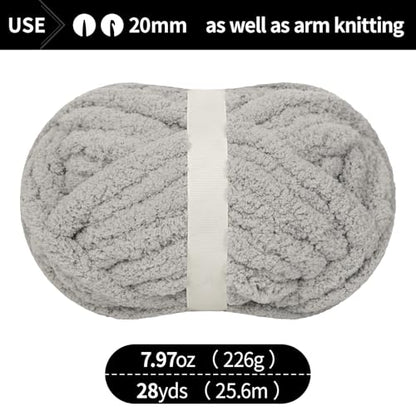Franel Light Gray Chunky Chenille Yarn for Hand Knitting Blanket (8 Pack, Total 64oz) - Shed-Resistant Fluffy Jumbo Yarn for Crocheting, Super Bulky Big Yarn for DIY Throw, Pre-Wound & Tangle-Free - color: 09