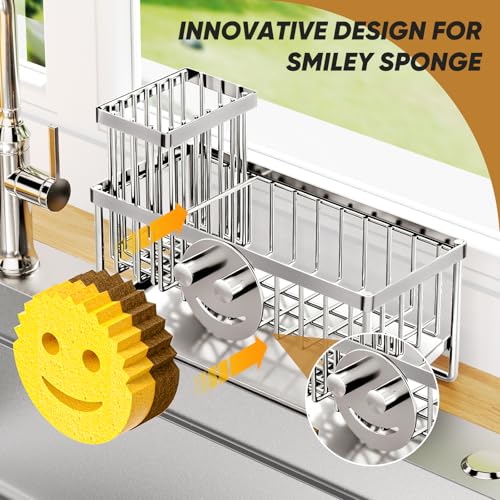 Sponge Holder for Kitchen Sink,Smiley Face Sink Caddy with Removable Brush Holder,Self-Draining Sponge Caddy for Soap,Dish Brush,Scrubber,Kitchen Essentials and Gadgets-Silver - color: 1 Tier Silver