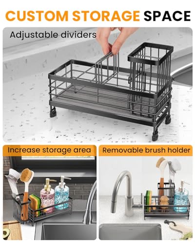 Kitchen Sink Caddy with 2 Water Absorbent Diatomite Stone Sink Tray, | Fast Drying Sink Organizer with High Dish Brush Holder, Sponge Holder for Kitchen Sink, for Countertop, Stainless Steel