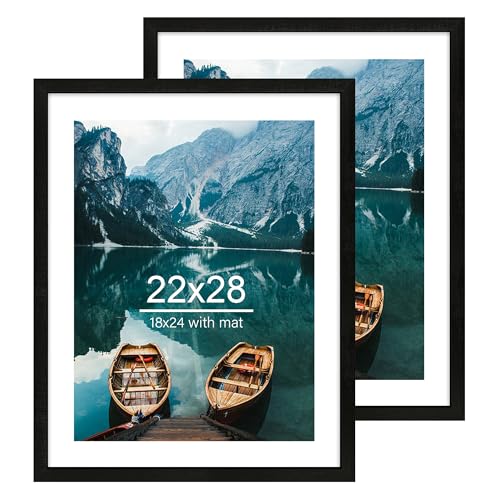 Hongkee 22x28 Frame Set of 2, Rustic Black Wood Style - Display 18x24 Picture Frame with Mat or 22 x 28 Poster Frame without Mat, Wall Mounting Horizontal and Vertical - color: Rustic Black, size: 22x28 in