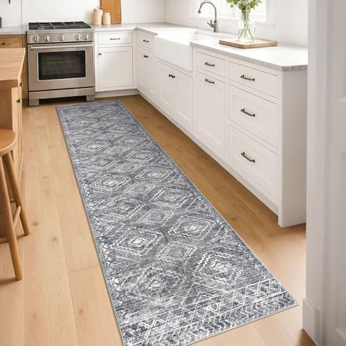 KILOCOCO Washable Runner Rug 2x8 ft Non-Slip Hallway Runners, Grey | Low-Pile Entryway Runners, Rubber Backed Runner Rug, Printed Kitchen Runner Rug, Soft Geometric Rugs for Hall Living Room - color: Grey, size: 2' x 8' (Runner)