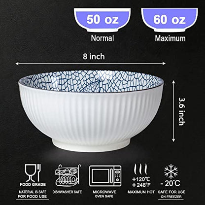 Houlu 60 oz Pho Bowls, Large Soup Bowl, Japanese Ramen Bowl Set, 8 inches Big Porcelain Bowls Set of 3, Striped Pattern - color: Leaf Pattern