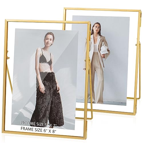 Gold Picture Floating Frame, Set of 2 Pressed Glass Floating Frames, 6 x 8 Standing Gold Picture Frame for 5x7, 4x6, 3x5 Photo Tabletop Display - color: Gold, size: 6x8 inch