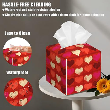 Leather Tissue Box Holder Red Pink Love Heart Tissue Box Cover Facial Paper Case Organizer Cube Napkin Dispenser for Bathroom Vanity Countertop Night Stand Office Car - color: Red Pink Love Heart
