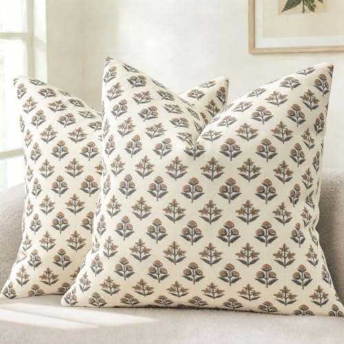 YCOLL Farmhouse Floral Pillow Covers 18x18 Set of 2, Rustic Country Decorative Cushion Covers Vintage Throw Pillow Covers for Sofa Couch Bed Living Room Home Decor, Rust Copper - color: Rust Copper, size: 18" x 18" (Pack of 2)