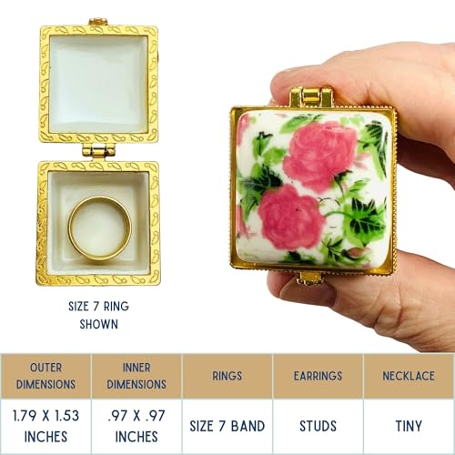 Tiny Square Porcelain Trinket Box | Pink Tea Roses | French Style Gift Box with Velvet Bag - style: Pink Tea Roses Square