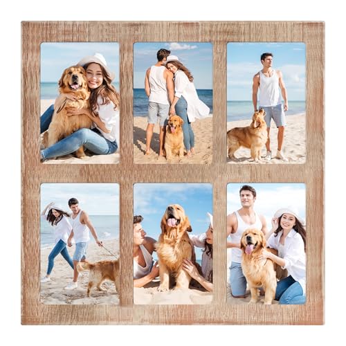 YESKAY 4x6 Picture Frame Collage,4 x 6 Multiple Photo Collage with Tempered Glass,6 Opening 4 by 6 Rustic Brown Family Picture Frames for Wall Decor 1 Pack(OD:13X13in) - color: Rustic Brown, size: 4x6 - 6 Opening(OD:13X13in)
