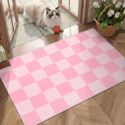 GarveeHome Checkered Pink 5x7 Washable Girls Rug Bedroom Dinning Room | Pink and White Area Rug for Nursery Girl Room Living Room Low-Pile Non-Slip Soft Stain Resistant Geometric Rugs TPE Backing - color: Blush Pink, size: 5' x 7' (Rectangular)