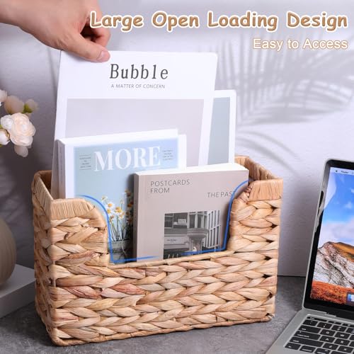 WLLHYF Woven Hanging Magazine Holder Water Hyacinth Storage Basket Wall Mounted Wicker Organizer Boho Modern Farmhouse Book Rack with Handle File Newspaper Mail Holder for Home Office