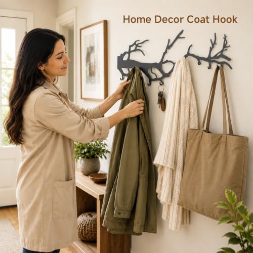 Wall Coat Rack with 8 Hooks Black - Tree Branch Design Metal Wall Hooks - Coat Hooks for Hallway, Bathroom, Bedroom, Kitchen - Hook Rail for Wall Mounting