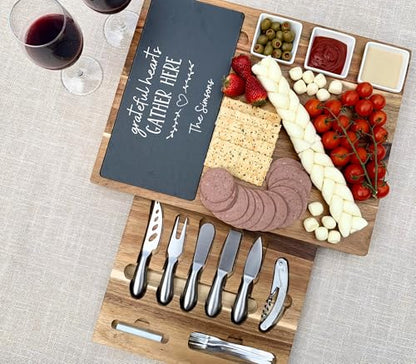 Personalized Engraved Acacia Charcuterie Board & Slate Cheese Platter – Large 17" x 13" Board with Knives – Custom Thanksgiving Gift (Design #39) - color: Design #39
