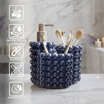 Better Trends Bathroom Accessories Set 3 Pieces Resin Bubble Textured Soap Dispenser, Toothbrush Holder & Tumbler for Vanity, Kitchen Sink & Countertop Organization Navy Nova Collection - color: Navy