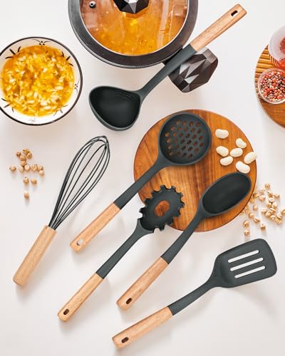Kitchen Utensils Set, 13PCS Silicone Cooking Utensils, Heat Resistant Kitchen Utensil Spatula Set for Nonstick Cookware, Wooden Handles Kitchen Gadgets Tools Set - color: Gray