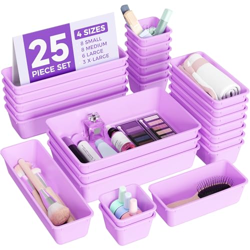 BiuLeon 25 PCS Plastic Drawer Organizers Set, 4-Sizes Vanity and Makeup Organizer, Desk and bathroom Drawer Organizer Trays, Organizers and Storage for Makeup, Jewelry, Gadgets, Utensils (Purple) - color: Purple