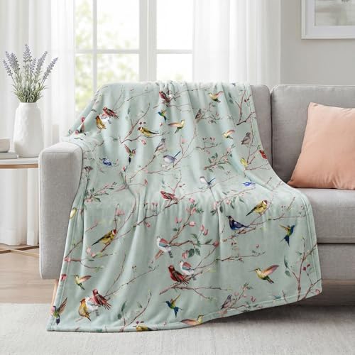 Horaldaily Spring Summer Birds Branch Green Flannel Throw Blanket 40x50 | All Season Using Ultra Soft Fuzzy Plush Cozy Non-shedding Blanket for Couch Sofa Bed Camping, Ideal Gift for Kids Adults - color: Green, size: Baby(40x50'')