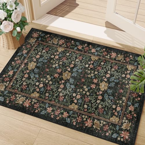 DUKINO 2x3 Entryway Rug, Washable Vintage Floral Area Rug, Black | Non Slip, Low Pile, Non-Shedding, Soft Indoor Door Mat, Small Front Door Throw Carpet for Bathroom Kitchen Entrance Bedroom - color: Black, size: 2' x 3' (Rectangular)