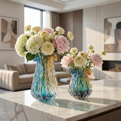 14.6" Tall Large Clear Glass Vase Wide Mouth, Pretty Hand Blown Glass Vase for Bouquet, Unique Teal and Amber Sea Vases for Modern High End Living Room, Office, Dining Table Centerpieces - size: Large