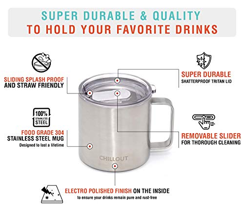 CHILLOUT LIFE Stainless Steel Vacuum Insulated Coffee Mug 16 oz (Set of 2) with Handle and Lid, Large Thermal Camping Coffee Mugs with Sliding Lid for Men & Women, Keeps Your Beverages Hot & Cold - color: Stainless Steel, size: 16 Ounces - 2 Pack