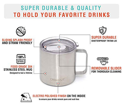 CHILLOUT LIFE Stainless Steel Vacuum Insulated Coffee Mug 16 oz (Set of 2) with Handle and Lid, Large Thermal Camping Coffee Mugs with Sliding Lid for Men & Women, Keeps Your Beverages Hot & Cold - color: Stainless Steel, size: 16 Ounces - 2 Pack