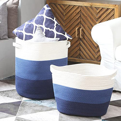 Sea Team Large Woven Cotton Rope Laundry Basket with Lid, 20 x 16 in | Collapsible Knitted Hamper with Handles, Lidded Closet Shelf Organizers for Clothing, Blankets, Toys, Bedding, Navy - color: White & Navy Blue