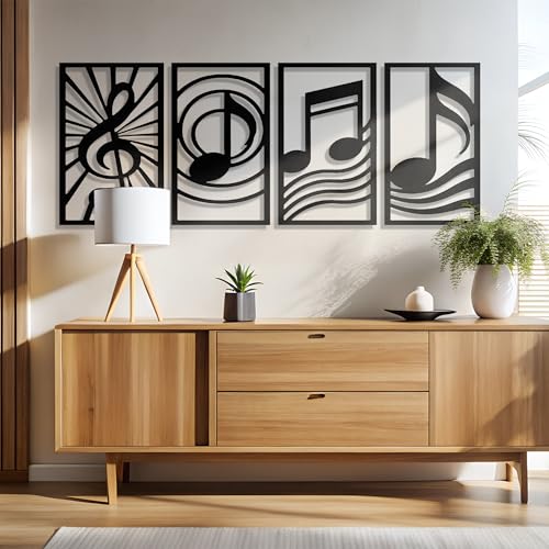 GALLERY GRACE 4-Pc Music Notes Metal Wall Art, Black Wall Decor Set | 11 x 16 In Metal Panels, Music Notes Wall Decor, Minimalist Style, Ready to Hang, for Living Room, Office, Studio or Bedroom - style: Modern Musical Art