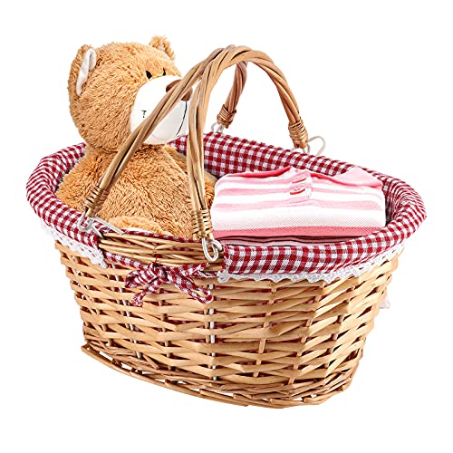 Natural Wicker Woven Gift Easter Basket, Hand Woven Empty Willow Woven Basket with Double Folding Handles and Washable Gingham Liner, Wicker Picnic Basket for Egg Candy Fruit Toy Storage
