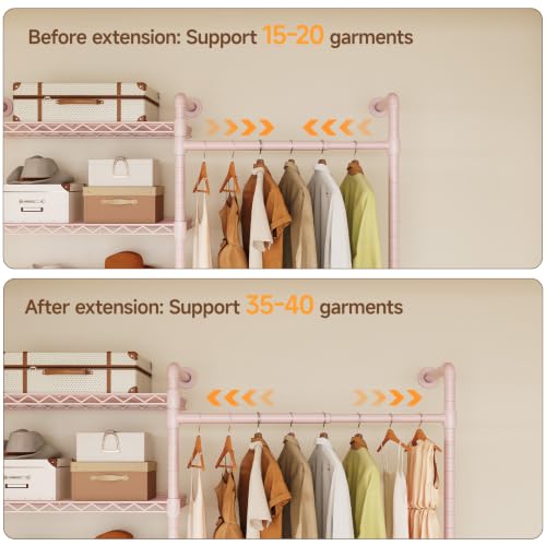 L2 Wall Mounted Closet System, Industrial Pipe Clothing Rack, Pink | Metal Clothes Rack with 2 Telescopic Rods & 6 Shelves, Heavy Duty Closet Organizers for Wardrobe, Reach-in & Walk-in Closets - color: Pink