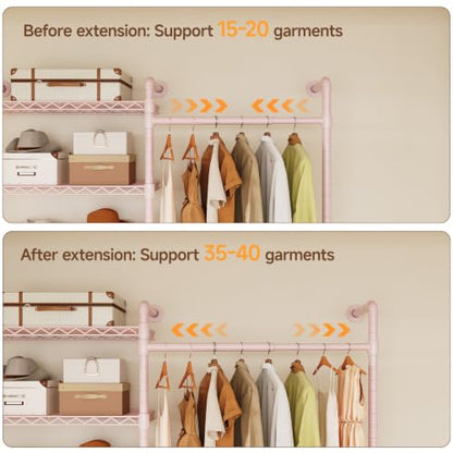 L2 Wall Mounted Closet System, Industrial Pipe Clothing Rack, Pink | Metal Clothes Rack with 2 Telescopic Rods & 6 Shelves, Heavy Duty Closet Organizers for Wardrobe, Reach-in & Walk-in Closets - color: Pink