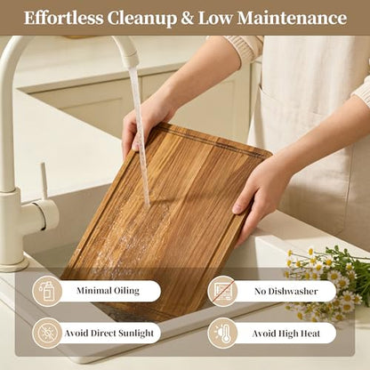 Teak Cutting Board for Kitchen - Teak Wood Chopping Board with Handle & Juice Groove, Heavy-Duty Hardwood Cutting Boards Wooden Butcher Block for Meat, Fish, Vegetables, Fruits