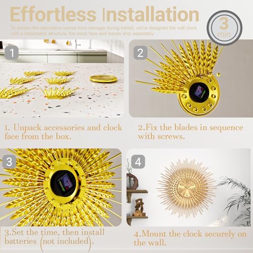 Large Mid Century Gold Wall Clock Decorative Modern Sunburst Wall Clocks, Metal Big Silent Non-Ticking Clock, Luxury Home Gift Decor for Living Room, Bedroom, Dining Room, 28 inch - size: 4.Gold-Wheat(Dismountable-70cm)