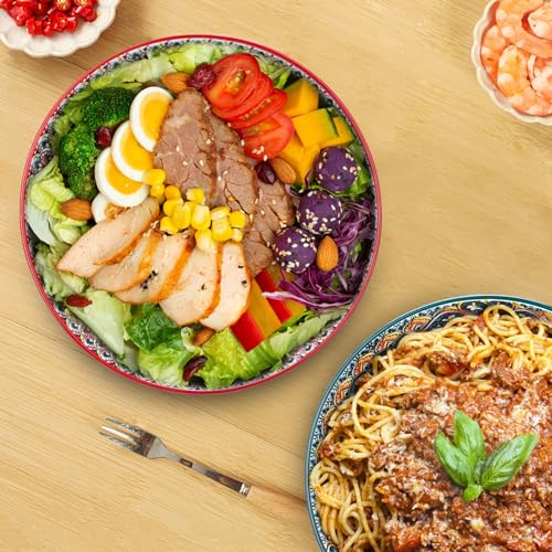 75 Oz Serving Bowls,Bohemian Style Large Porcelain Dishes for Entertaining Parties,Big Bowls for Eating Soup, Salad, Pasta, Fruit, Chips, 10.3 Inch Diameter (blue.red) - color: blue.red