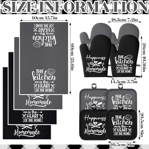 Sratte 12 Pcs Farmhouse Kitchen Decor and Accessories Sets 4 Black and Grey Kitchen Towels 4 Pot Holders 4 Oven Mitts Gloves for Home Rustic Decor Baking Cooking Supply