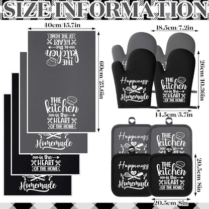 Sratte 12 Pcs Farmhouse Kitchen Decor and Accessories Sets 4 Black and Grey Kitchen Towels 4 Pot Holders 4 Oven Mitts Gloves for Home Rustic Decor Baking Cooking Supply