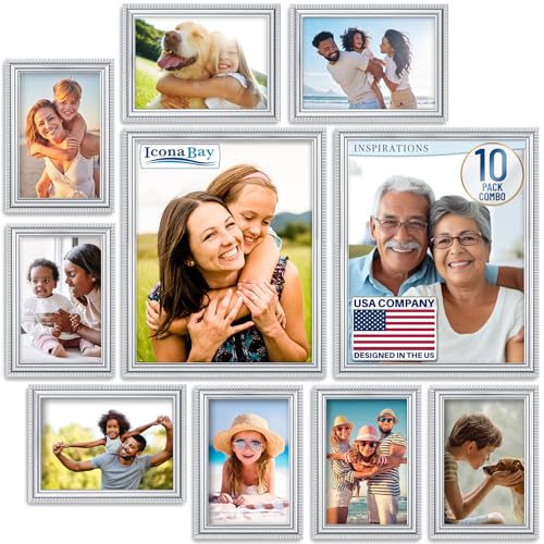 Collage Picture Frames Set, Silver, 10 Pack, Five 4x6, Three 5x7, Two 8x10 | Icona Bay - Assorted Multi-Size Photo Frames - Contemporary Wall Decor - Scalloped Edge - Durable - Real Glass Cover Sheet - color: Silver, size: Five 4x6, Three 5x7, Two 8x10
