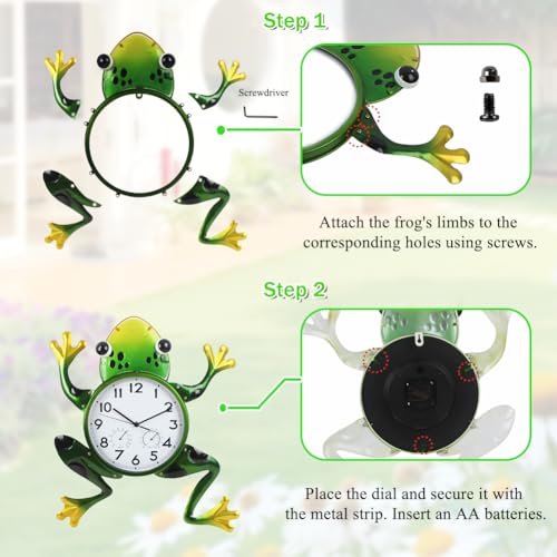 Large Outdoor Clock with Thermometer & Humidity | Silent Non-Ticking, Frog Outdoor Wall Clock, Outside Clock for Patio, Living Room, Kitchen - style: Large-Green Frog