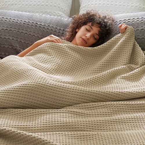 PHF Ultra Soft Waffle Weave Blanket King Size, Lightweight Breathable Cooling Skin-Friendly Throw for Spring Summer for Hot Sleepers，Aesthetic Home Decor for Bed Couch, Giftable, Khaki, 104"* 90" - color: Khaki, size: King(104" x 90")