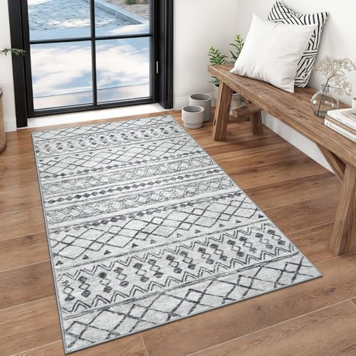 KUTA 3x5 Entryway Rug Grey Vintage Boho Washable Area Rug | Non-Slip, Non-Shedding, Low Pile, Ultra Soft Geometric Floor Rugs for Entrance Kitchen Living Room Bedroom Nursery Dorm - color: Grey, size: 3' x 5' (Rectangular)