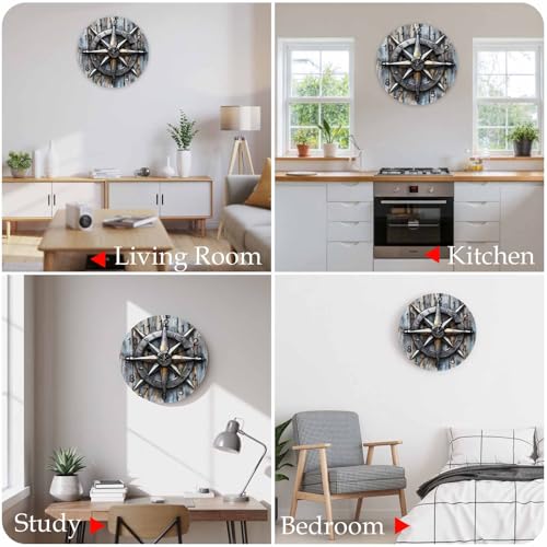 Yukro 14 Inch Retro Compass Wall Clock, Navigation Compass Wood Grain Battery Operated Silent Non Ticking Clocks, Easy to Read Round Wall Clock for Kitchen/Living Room/Bedroom/Office - color: Light Beige Gray Tan, size: 14 Inch