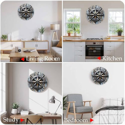 Yukro 14 Inch Retro Compass Wall Clock, Navigation Compass Wood Grain Battery Operated Silent Non Ticking Clocks, Easy to Read Round Wall Clock for Kitchen/Living Room/Bedroom/Office - color: Light Beige Gray Tan, size: 14 Inch