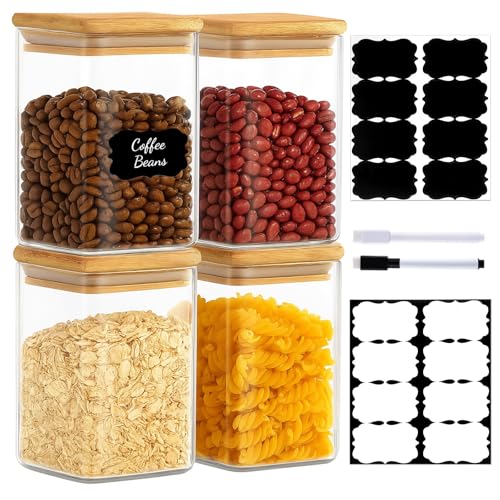 37oz(1.2Qt) Square Glass Storage Containers with Bamboo Lids – 4 Pack Clear Food Airtight Glass Jars for Pantry Organizers and Storage, Kitchen Dry Food, Coffee, Sugar, Flour, Snacks, Spices - color: Square/37oz/4pcs