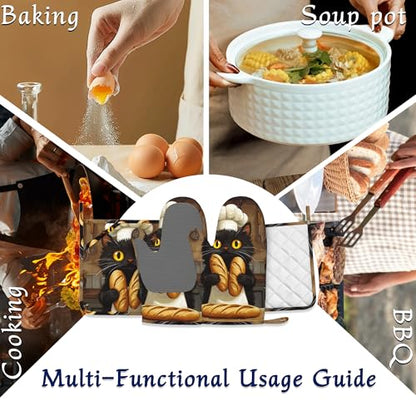 Funny Black Cat Oven Mitts and Pot Holders Chef Bread Silicone Kitchen Accessories Set of 4 Heat Resistant Non-Slip Long Gloves Potholder for Chef Cooking Baking Gifts Women Men - color: Funny Black Cat,chef Bread