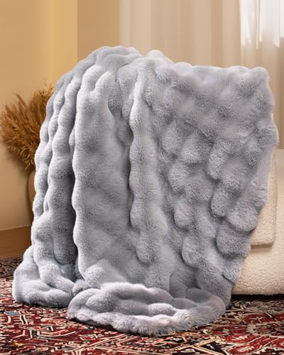 Ultra Soft Cozy Faux Fur Throw Blanket, Fuzzy Plush Thick Bubble Blanket, Oversize Luxury Fluffy Blanket for Couch, Bed, and Living Room, 60x80 Inches, Light Grey - color: Bubble Light Grey, size: Twin