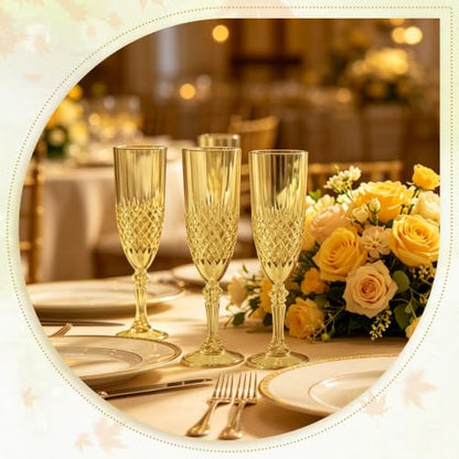12 Pack Plastic Champagne Flutes, Gold Reusable Champagne Glass | Unbreakable Hard Plastic Mimosa Cups Bulk with Stem, Fancy Stemware for Wedding, Party & NYE Celebration - color: Gold